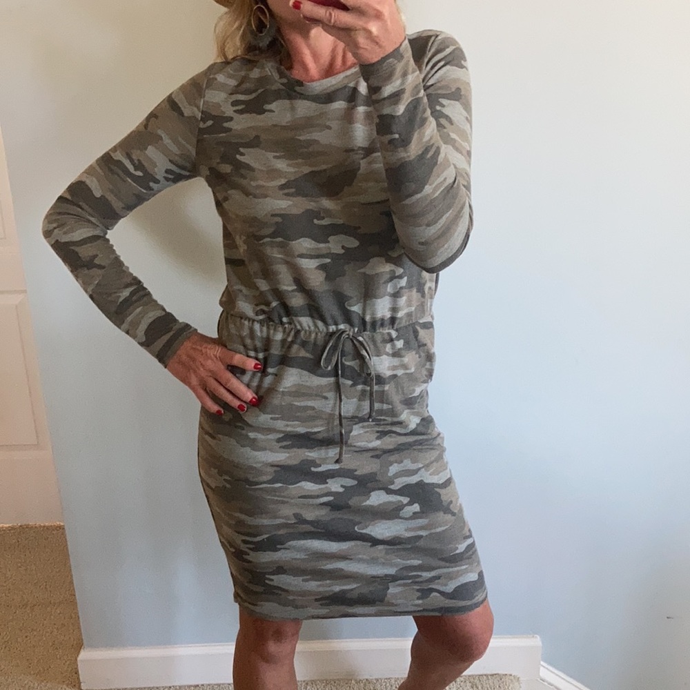 Camo Print, Elastic Waist Long Sleeve Dress